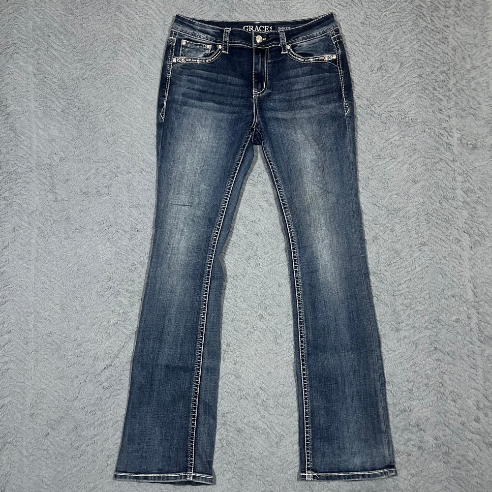 Grace in LA Easy Fit Jeans Womens 32x33 Blue Dark Wash Bootcut Embroidered